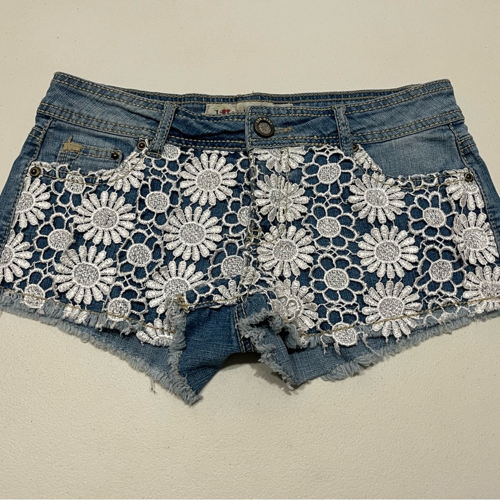 1st Kiss Blue Jean Shorts with White Floral Crochet